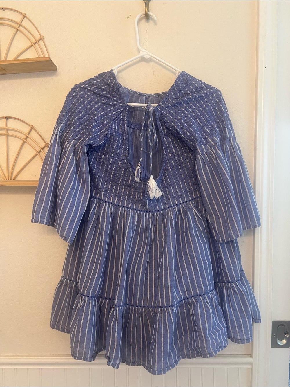 Free People Blue Striped Embroidered Boho Mini Dress XS